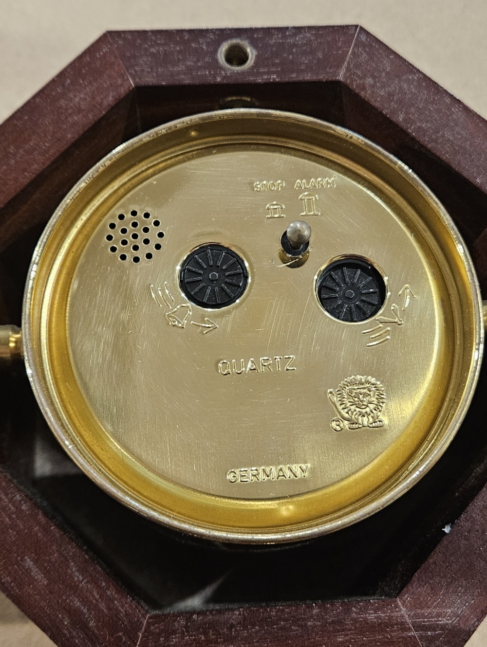Bulova Brass Clock in Dark Brown Octagonal Wood Case - Picture 3 of 6
